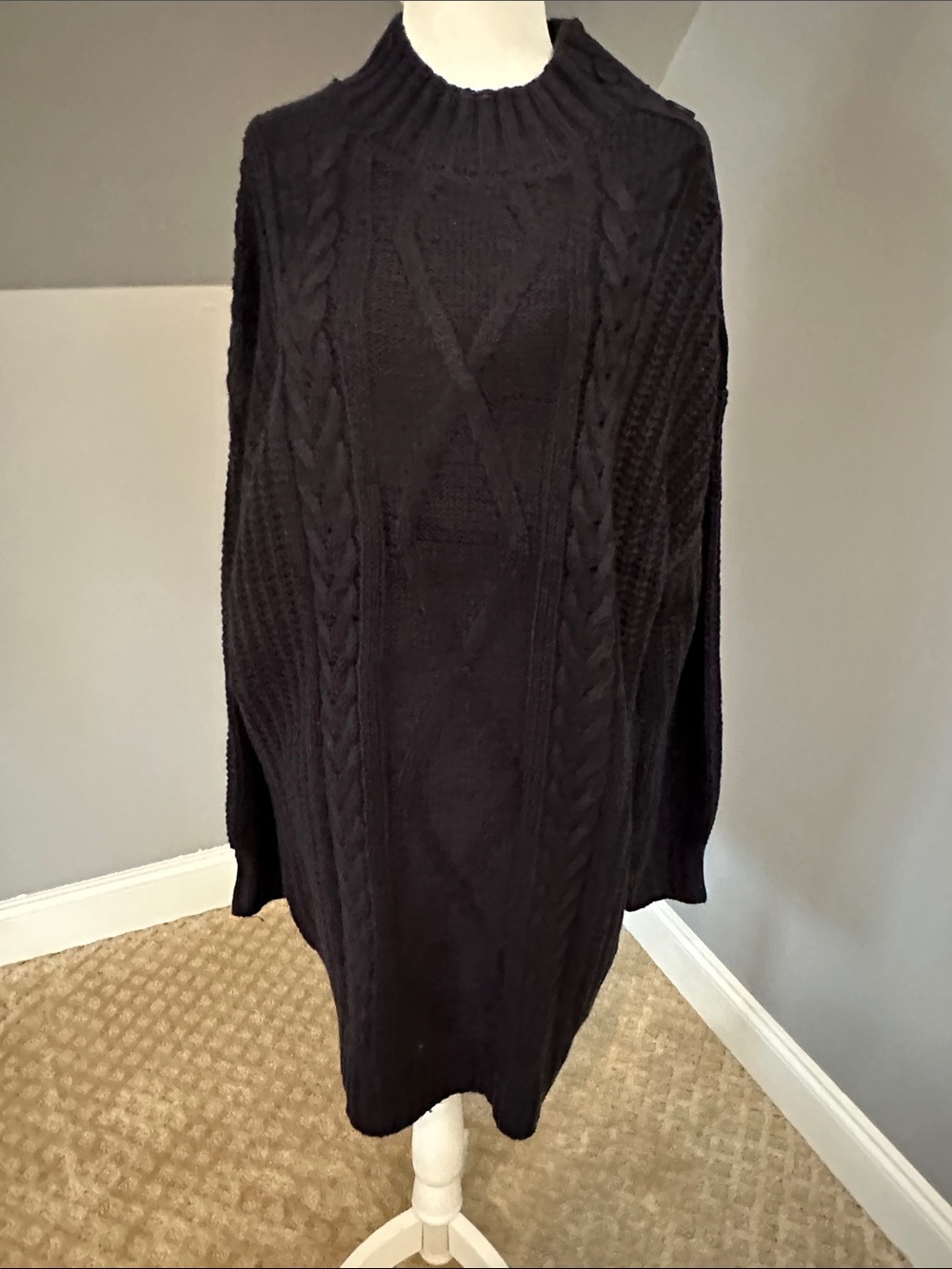 Women's Black Cable-Knit Mock Turtleneck Sweater Dress
